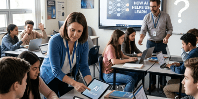 Students and teachers collaborating on laptops and tablets about AI learning