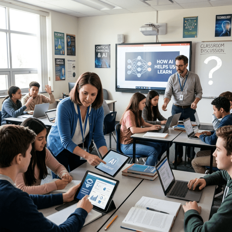 Students and teachers collaborating on laptops and tablets about AI learning