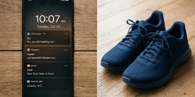 Smartphone displaying notifications beside a pair of blue running shoes on wooden floor