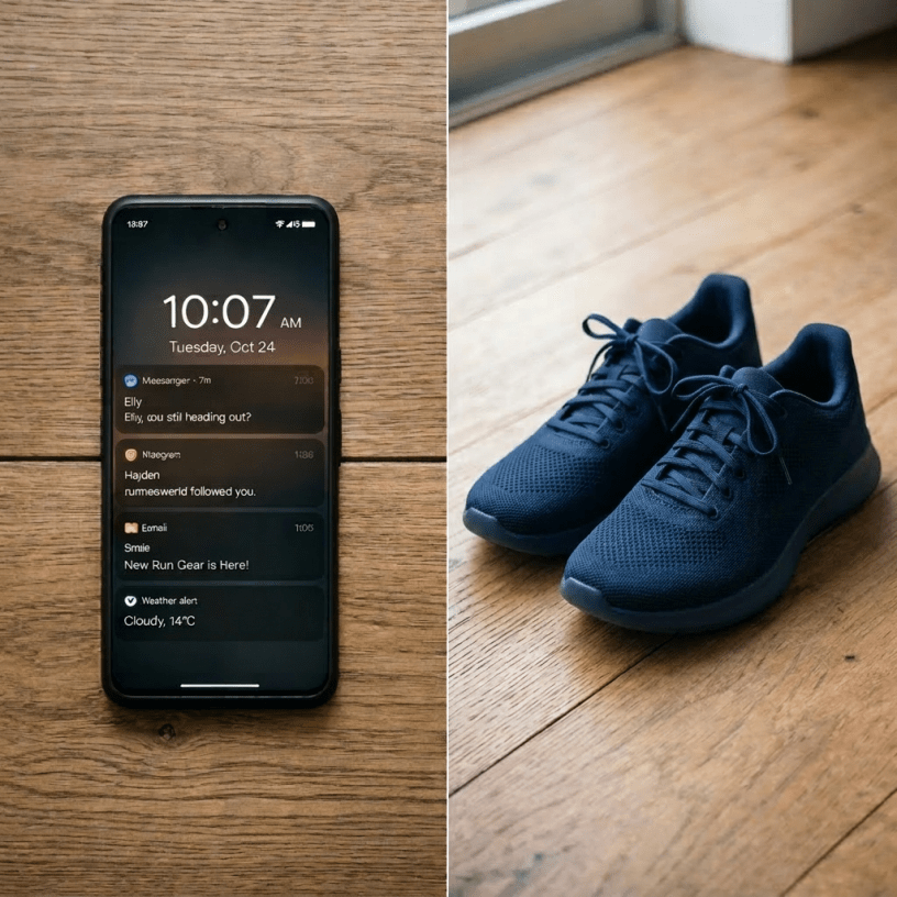Smartphone displaying notifications beside a pair of blue running shoes on wooden floor