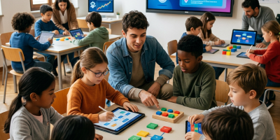 Children using tablets and colorful blocks for an AI learning module with teacher guidance