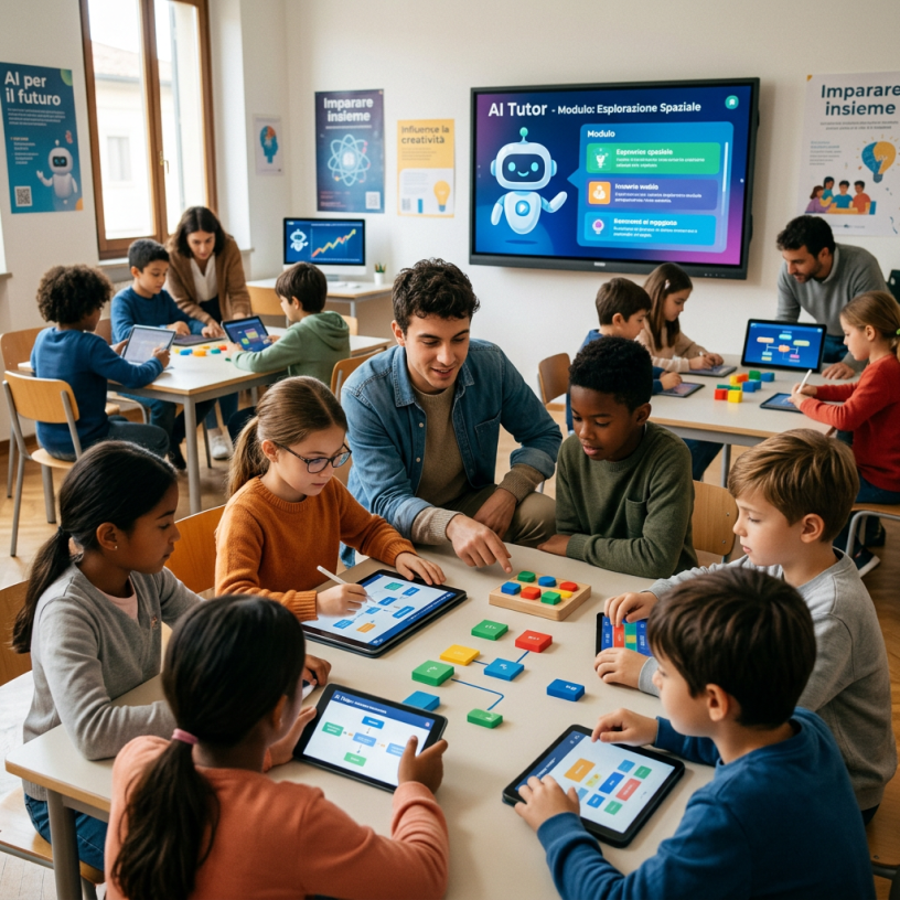 Children using tablets and colorful blocks for an AI learning module with teacher guidance