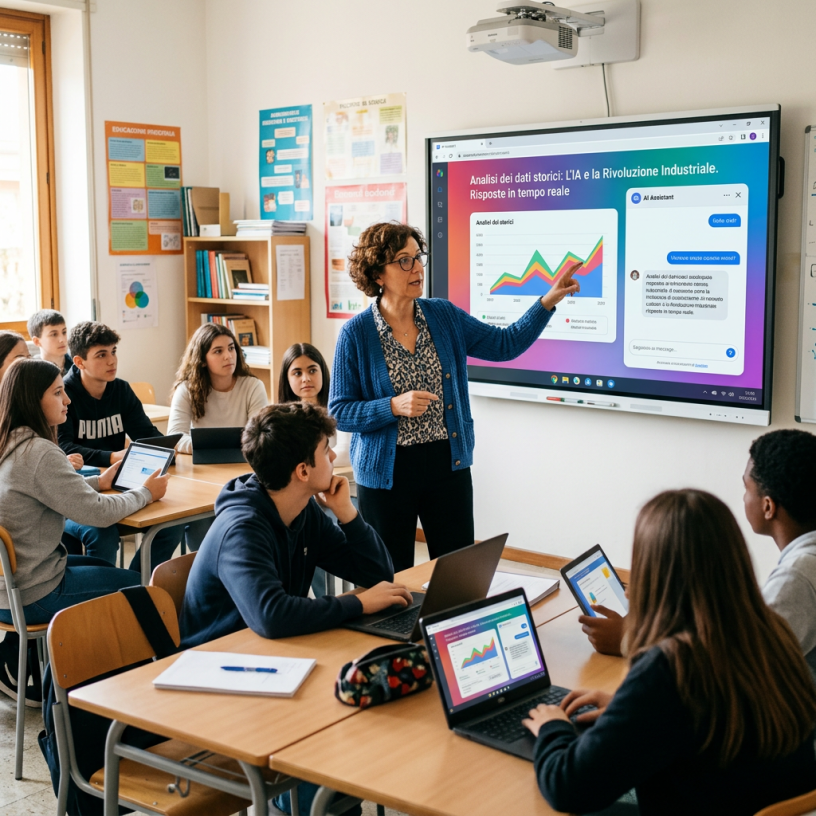 Teacher presenting historical data analysis on AI and Industrial Revolution to attentive students