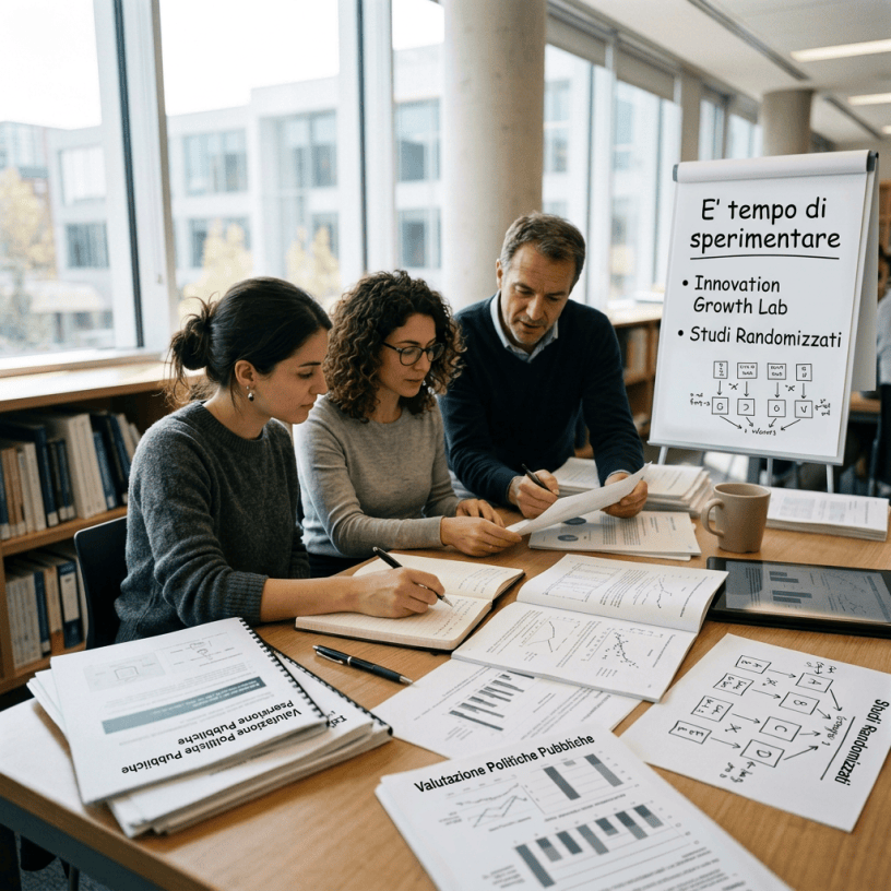 Three researchers reviewing documents beside a flipchart reading “E' tempo di sperimentare,” with Innovation Growth Lab and Studi Randomizzati.
